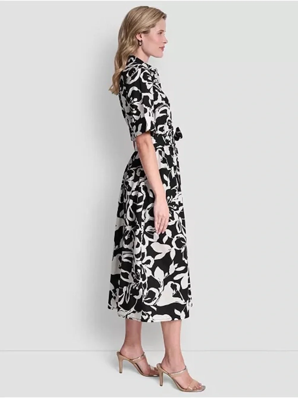 DKNY Elbow Sleeve Collared Neck Button-Front Belted Floral Midi Shirt dress